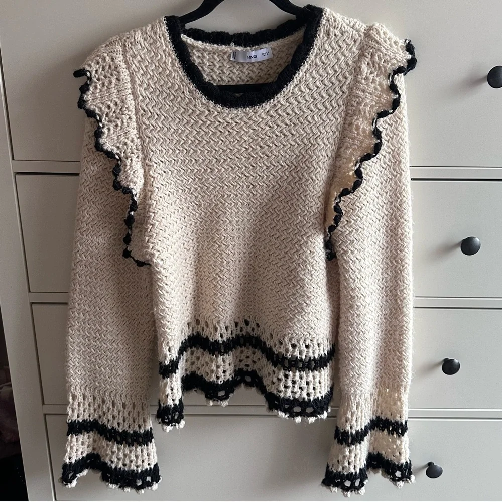 Mango Black & Cream Knit Sweater With Ruffled Open Work Details